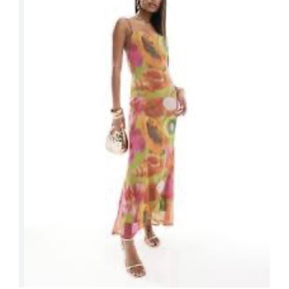 ASOS DESIGN Sz M Square Neck Strappy Maxi Dress In Bright Fruity Sheer Fairy